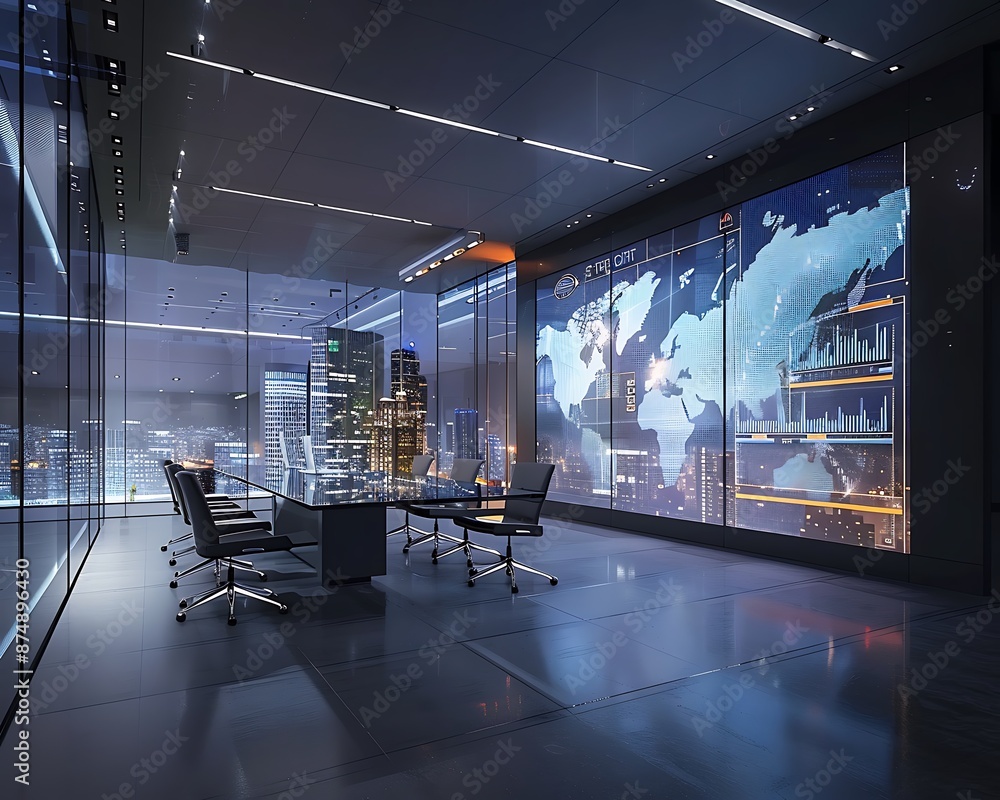 Aufkleber modern conference room with city view and global data display