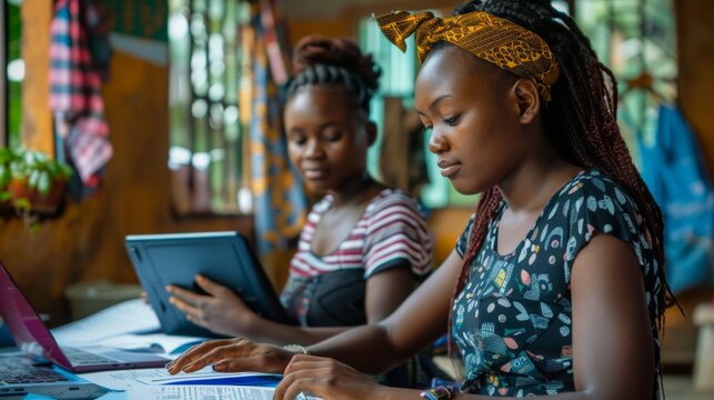Two women working on laptops and tablets in an indoor workspace, engaging in a collaborative project, possibly for a startup or microfinance program.