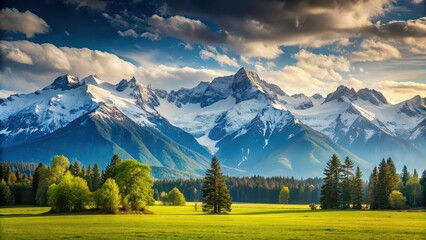 Obraz premium Majestic landscape with snow-capped mountains in the background, mountains, nature, scenic, snow, peaks, range, outdoors