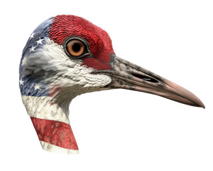 Unique bird head with American flag colors and patterns. The artistic wildlife image creatively combines national pride and nature.