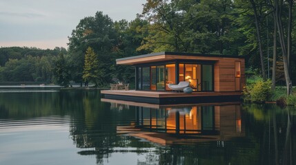 A serene, hydrogen-powered floating home on a peaceful lake, blending technology with nature 