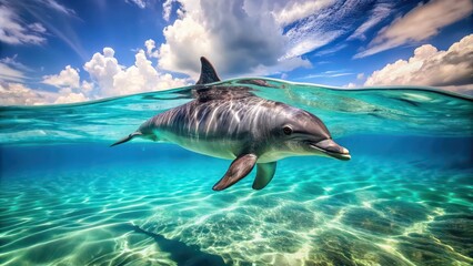 Obraz premium Majestic dolphin swimming gracefully in the crystal clear ocean waters, dolphin, ocean, wildlife, marine, aquatic, mammal