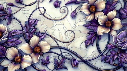 Art Nouveau vine flower pattern with elegant curves and intricate detailing, set on a white background for a classic look