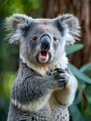 Naklejka premium A very surprised and shocked koala with its mouth open and paws touching its head. Funny inspired animal
