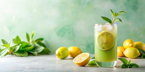 Refreshing Matcha Yuzu Lemonade Drinks on Bright Pastel Background with Leaves and Lemons, matcha, yuzu, lemonade, drinks