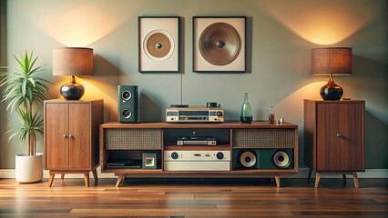 Retro MCM lo-fi system with record player, speakers, and cassette player , vintage, technology, music, stereo, audio