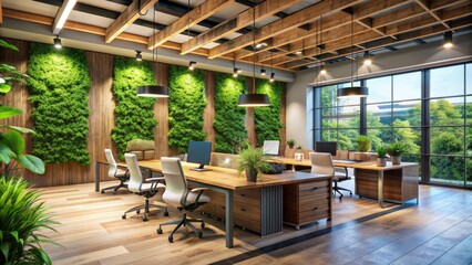 Fototapeta premium Spacious modern office with lush green walls, reclaimed wood accents, and energy-efficient lighting promoting eco-friendly work environment atmosphere.