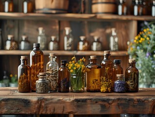Wooden Table with Natural Herbal Tinctures and Tonics in Amber Glass Bottles   Natural Product Concept
