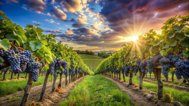 Serene rustic vineyard scenery with lush green rows of vines laden with plump blue grapes under warm sunlit sky.