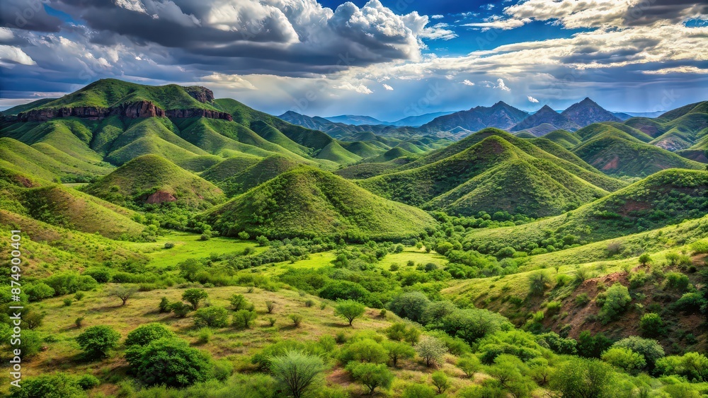 Poster Rolling hills covered in lush greenery in Nacozari de Garcia, Sonora, Mexico, hills, landscape, Nacozari de Garcia, Sonora