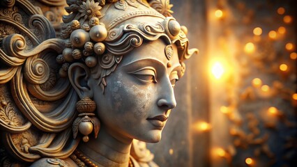 Intricately carved ancient marble sculpture of mythical creature's serene face against blurred stone background with subtle golden lighting effects.