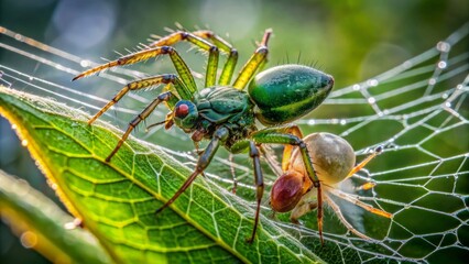 Fototapeta premium Vibrant green crab spider ensnares freshly caught fly in silky web on dew-kissed leaf, contrasting against serene natural surroundings.