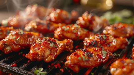 Spicy BBQ Chicken Wings on grill: Close-up of spicy chicken wings on the grill, with vibrant red chili flakes and sauce, steam rising.