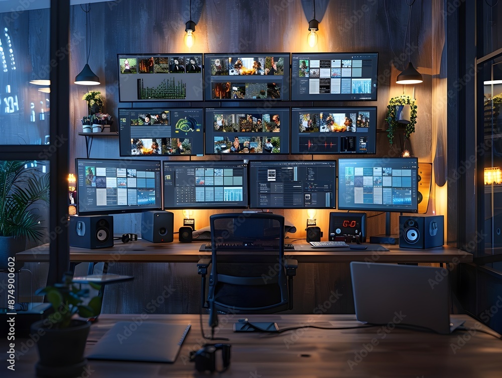 Poster innovative remote work setup with multiple screens enabling virtual meetings and online for continuo