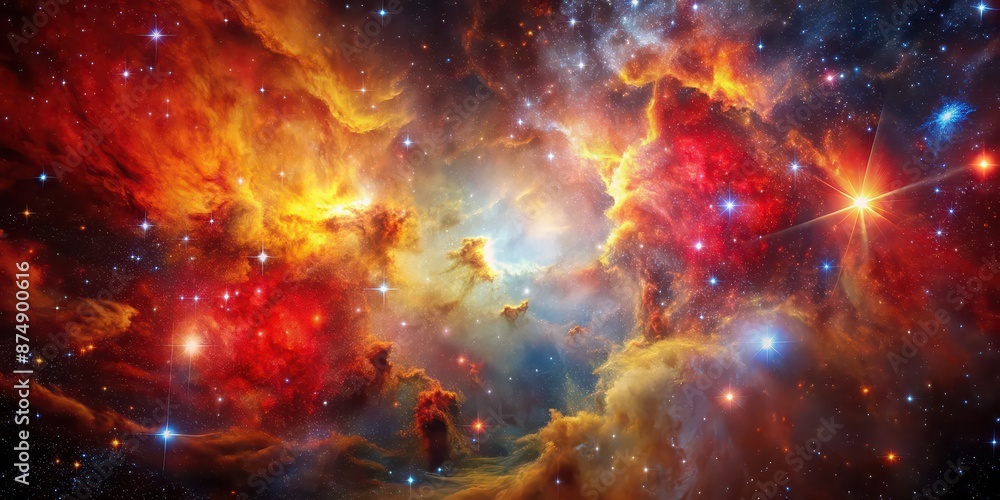 Wall mural red and yellow stellar nursery surrounded by dense nebula in a vibrant cosmic cradle , starforming r
