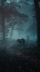 Naklejka premium Wild Deer Running Through Eerie Foggy Forest at Night with Dark and Spooky Atmosphere, Perfect for Gothic and Mysterious Settings
