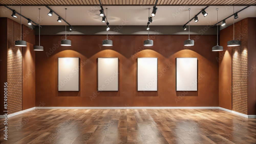 Wall mural Panoramic mock up poster gallery with cinnamon brown wall, sleek floor, and high ceiling lights, gallery, panoramic