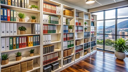 Shelves lined with books and binders in a large, modern office in Cape Town, South Africa, with subtle African accents.