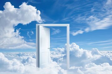 an open white door leading to fluffy clouds against a bright blue sky. imagination, dreams, and limitless possibilities
