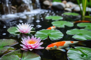 backyard pond with koi fish swimming among lily pads
