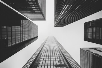 Fototapeta premium Black and white photo of skyscrapers view from below, highlighting symmetry, geometric lines and modern architecture