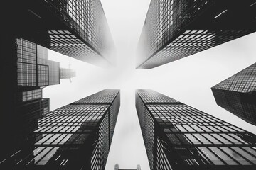 Fototapeta premium Black and white photo of skyscrapers view from below, highlighting symmetry, geometric lines and modern architecture