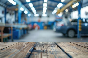 Blurred automotive workshop background with a wooden table in the foreground, perfect for showcasing