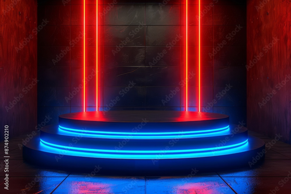 Poster futuristic neon blue and red light pillars creating a vibrant and dynamic scene for high-tech design
