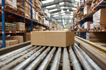 Obraz premium conveyor belt in a packaging warehouse, surrounded by stacks of corrugated cardboard sheets and boxes