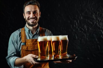 Cheerful waiter carrying a tray with four full beer glasses isolated black background