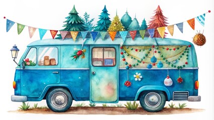 Vibrant watercolor illustration of a brightly colored blue camper van on white background, adorned with festive decorations and accessories.