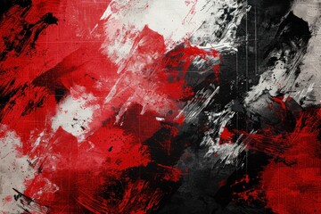 Abstract grunge background with chaotic red, black, and white brush strokes. The texture is rough, with bold contrasting colors