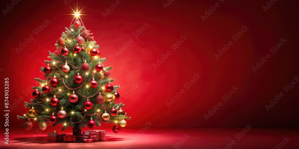 Poster Red Christmas tree adorned with lights and ornaments against a red background, Christmas, holiday, decorations, festive