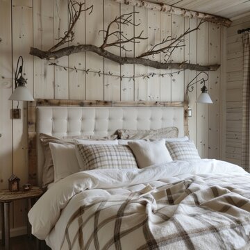 Rustic wooden branch wall decor over bed with white pillos and beige plaid. Farmhouse, country interior design of modern bedroom, Generative AI
