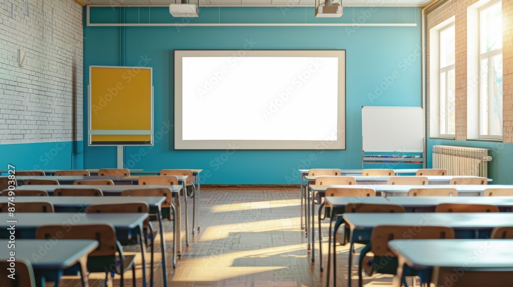 Poster an empty classroom with rows of desks, a large projector screen, and bright windows, ready for stude