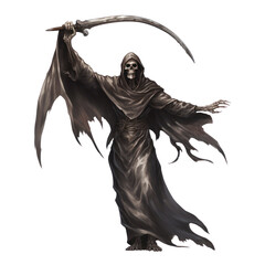 The dark grim reaper,  Haloween decoration isolate on transparent png.
