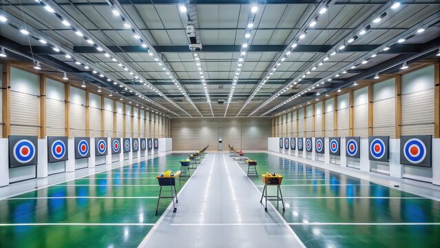 Modern indoor archery range with precision targets and equipment, archery, range, indoor, modern, precision, targets, equipment
