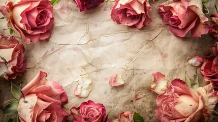 A beautiful arrangement of vintage pink roses on a crumpled, aged paper background, creating a nostalgic and romantic feel.