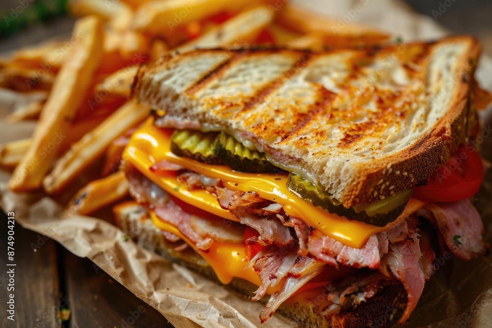 Wall mural Sandwich and French Fries on Table