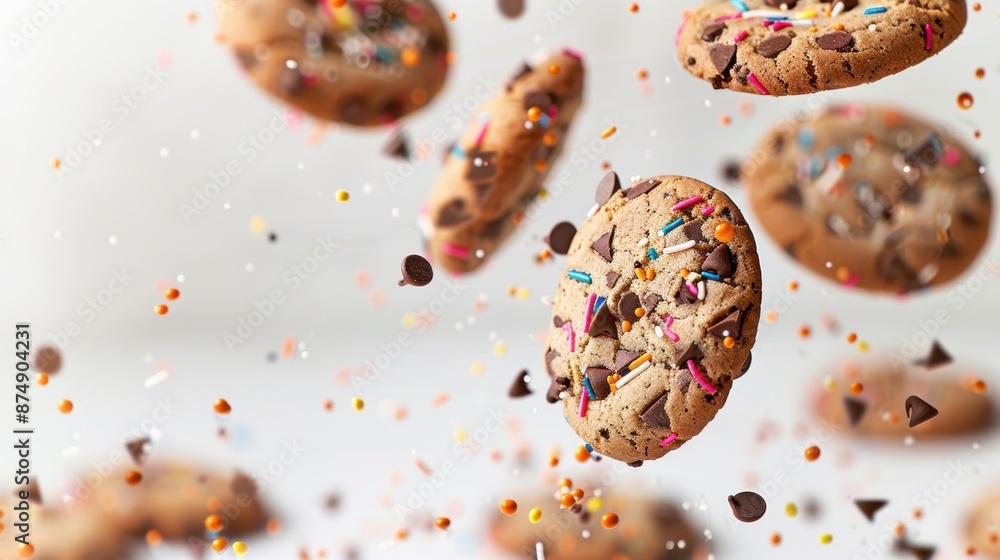 Poster a delightful image of floating chocolate chip cookies adorned with colorful sprinkles against a whit