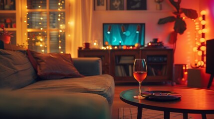 Cozy living room scene with soft lighting. A glass of wine is on the table. Relaxing ambiance with warm lights and comfortable seating arrangement.