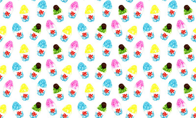 かき氷のシームレスパターン　手描き水彩イラストの食べ物柄