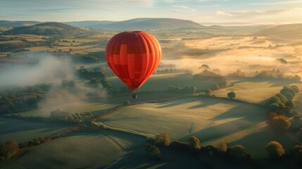 Obraz premium Red hot air balloon flying over scenic landscape with fog, green fields and hills at sunrise. Beautiful travel and adventure concept.