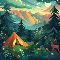 a painting of a tent in the woods