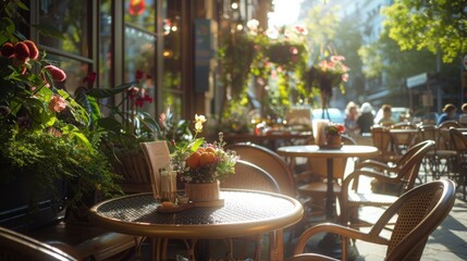 Sunlit outdoor café setting with blooming flowers and arranged tables evoking a serene and inviting atmosphere in a charming urban street.