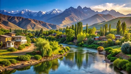 Fototapeta premium Serene Uzbekistan village nestled by tranquil river, enveloped in lush green gardens, with Gissar ridge mountains rising majestically in distance.