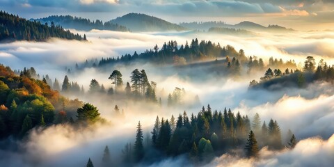 Fototapeta premium Mystical foggy landscape with dense mist covering the trees and mountains, fog, mist, landscape, nature, trees, mountains