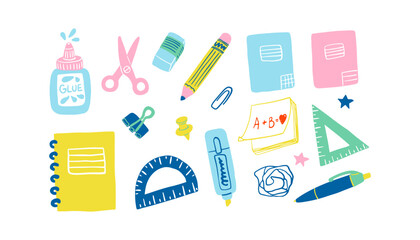 Cute stationery set. Office, school supplies, flat design. Notebook, pen, pencil, ruler, paper clip, sticky notes, push pin, highlighter, glue, eraser, scissors.
