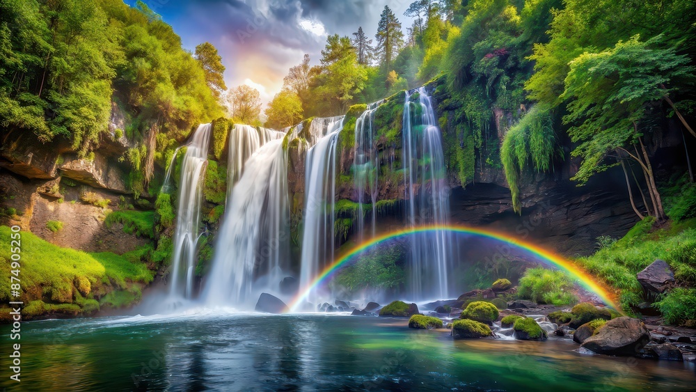 Wall mural Rainbow arching over a cascading waterfall in a lush forest setting, Rainbow, cascading waterfall, forest, nature