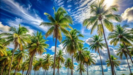 Serene tropical landscape featuring majestic swaying palm trees set against a bright blue clear sunny sky with fluffy clouds.